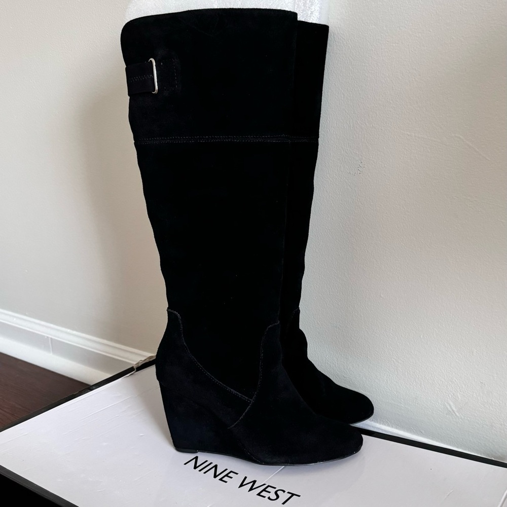 Nine West Olisha Black Suede Knee High Wedge Boots